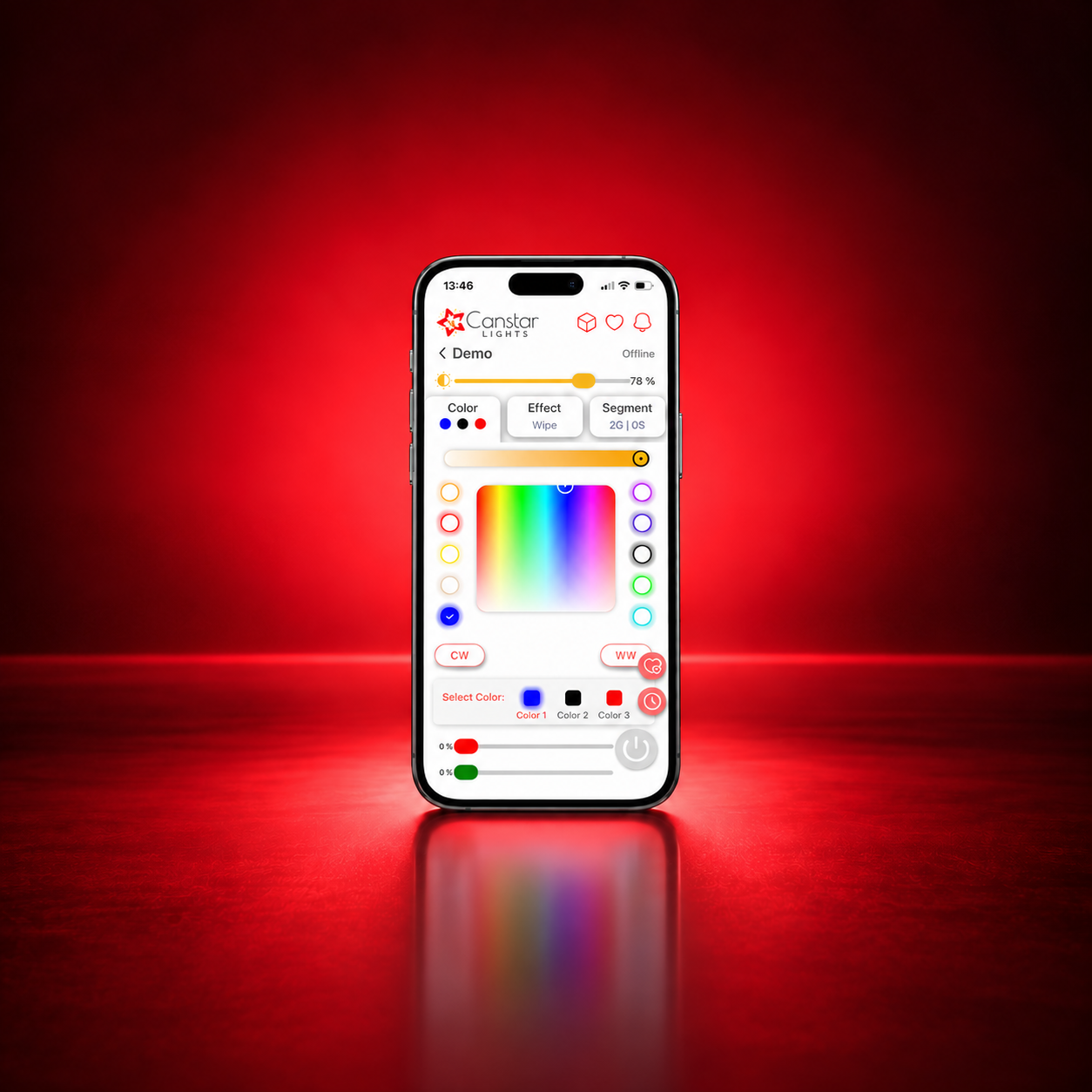 Canstar Lights app showing colour, brightness, effects, and segment controls on a phone