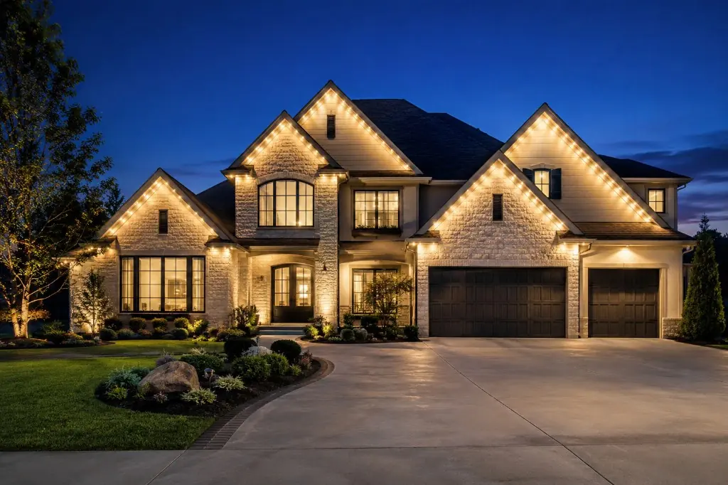 A home with clean permanent roofline lighting