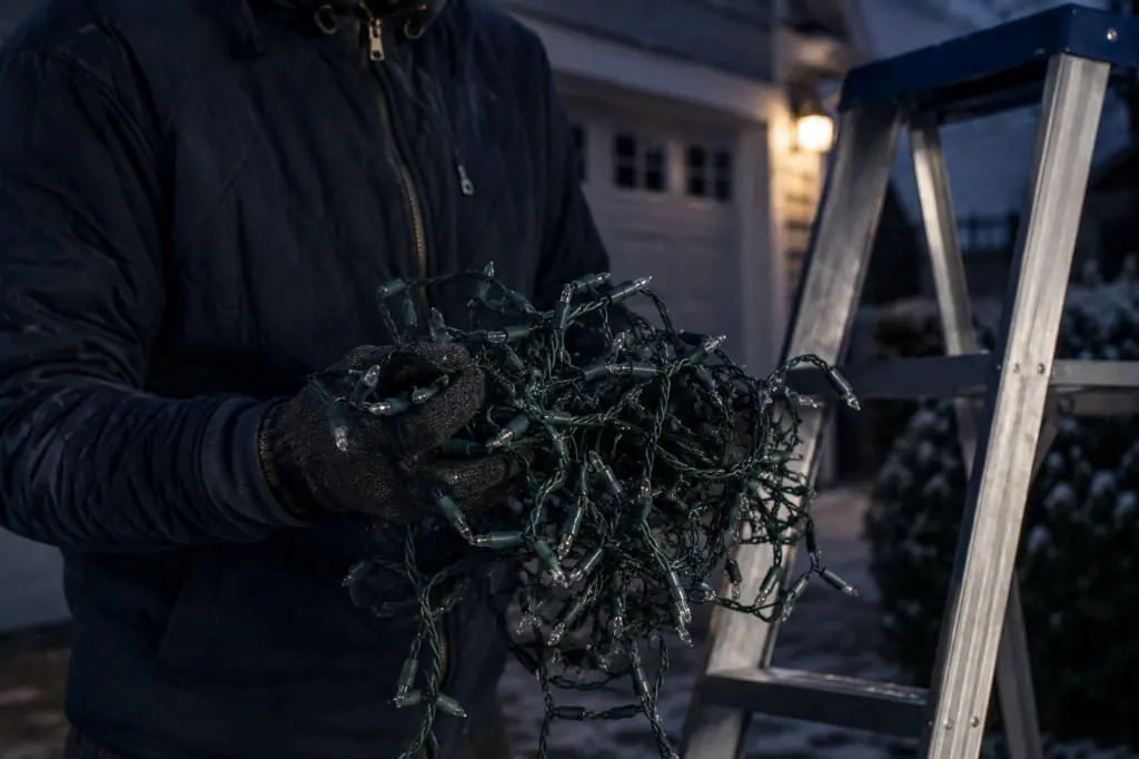 A tangled pile of temporary holiday lights
