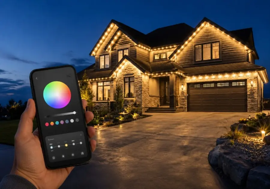 Permanent outdoor lights controlled by a mobile app