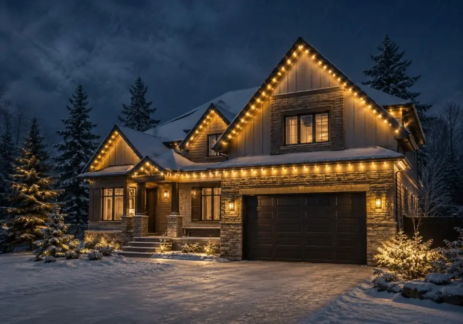 A home with exterior lighting in Canadian winter weather