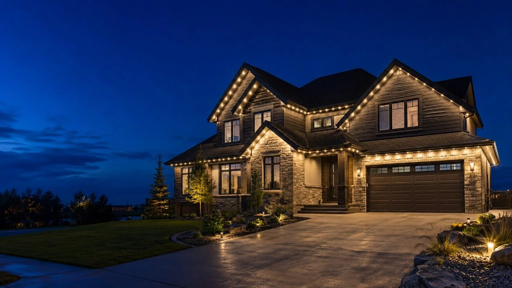 Warm white roofline lighting illuminating a two-storey home at dusk