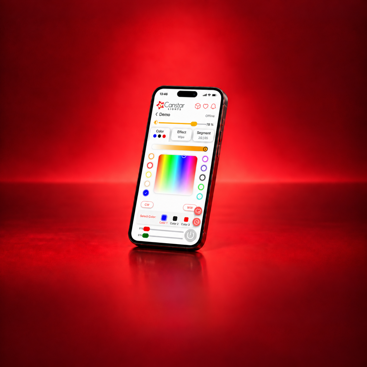 Angled phone showing Canstar Lights colour, brightness, effect, and segment controls against a red background